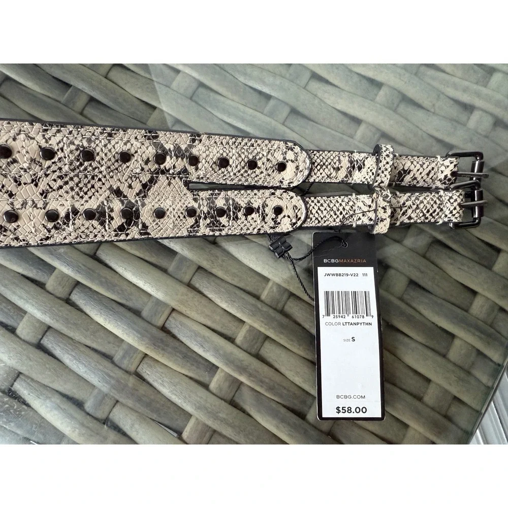 NWT BCBGMAXAZRIA Belt Snakeskin Print Double Buckle Light Tan Python Small